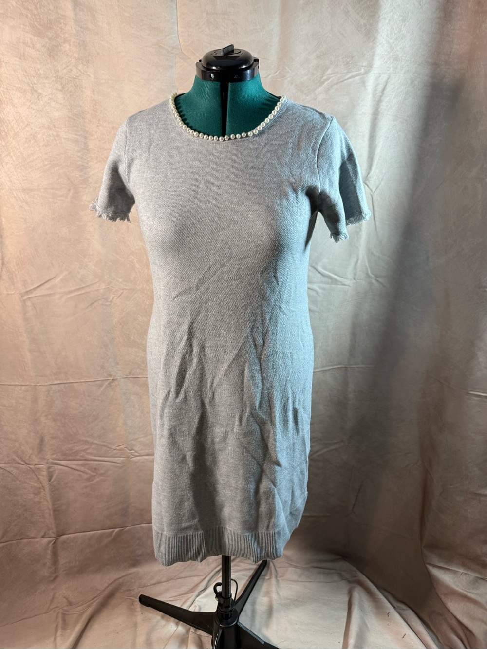Studio One Light Gray Pearl-Trim Short Knit Dress